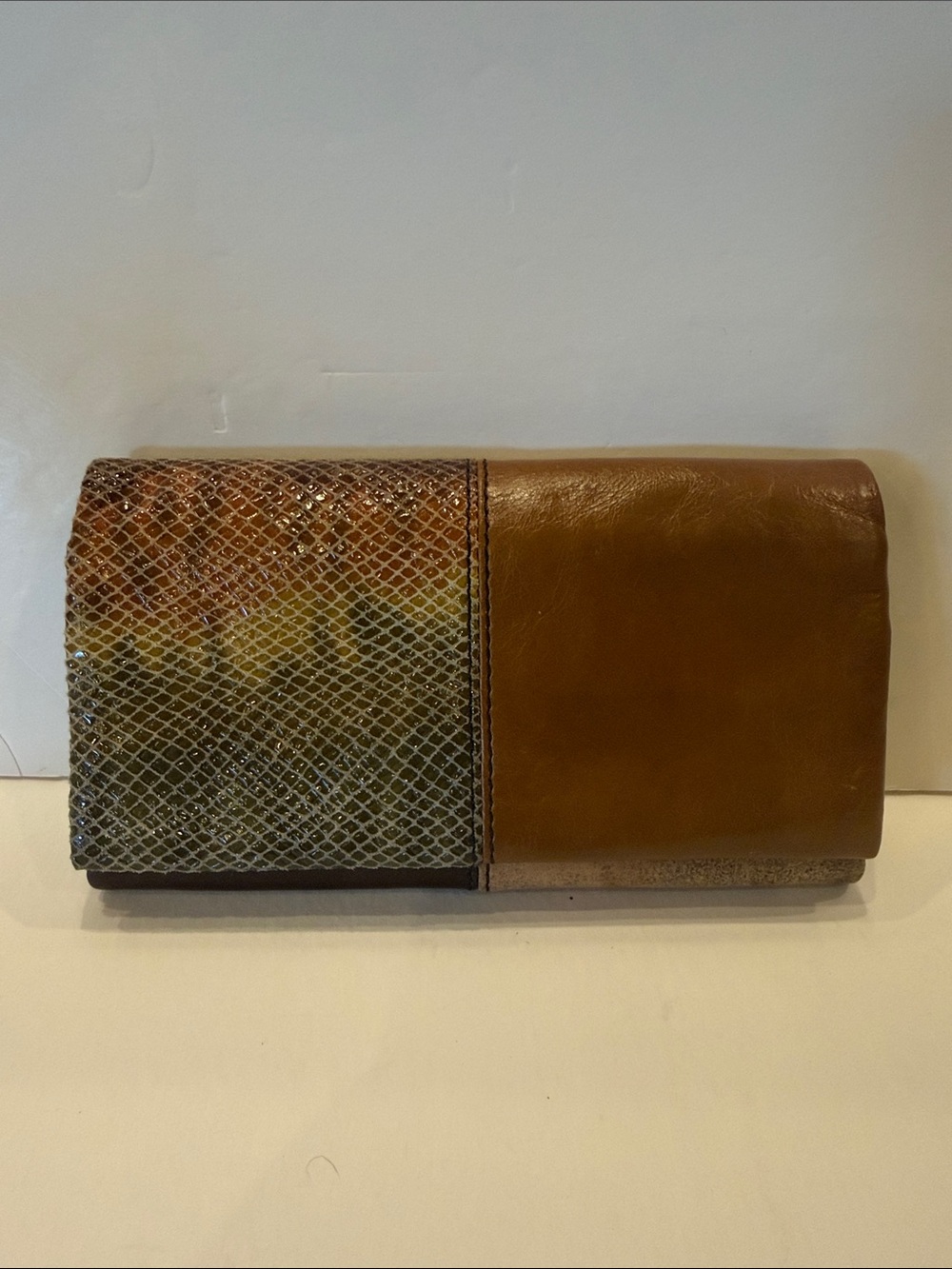 HOBO Brown Leather and Snakeskin-Textured Fold Clutch